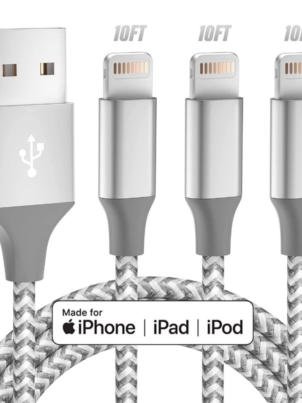 iPhone Charger 3-Pack, 10FT MFi-Certified Lightning Cables, Grey/White